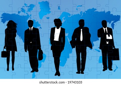 Illustration of business people and map