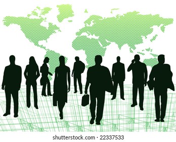 Illustration of business people and map