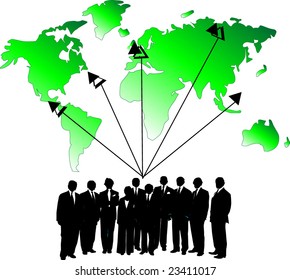 Illustration of business people and map