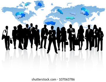 Illustration of business people, map and puzzle