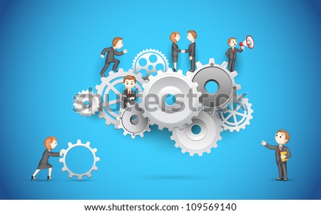 illustration of business people on cog wheel showing team work
