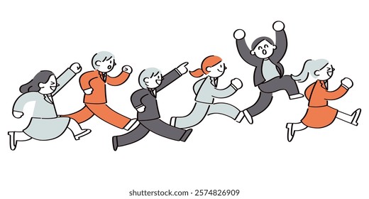 Illustration of business people running with positive energy and smiles.