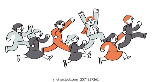 Illustration of business people running with positive energy and smiles.