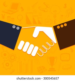 Illustration of business people shaking hands on various infographic background.