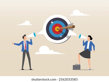 An illustration of business people speak on megaphone the same target. Effective communication for team success and achieve goal, communicate important purpose concept