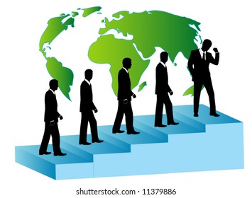 Illustration of business people, stairs and map