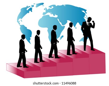 Illustration of business people, stairs and map