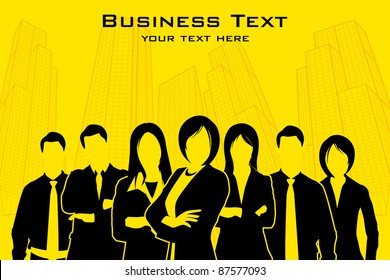 illustration of business people standing with city backdrop