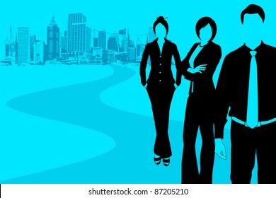 illustration of business people standing with grungy city backdrop