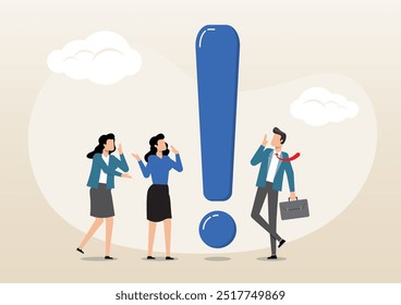 An illustration of business people thinking on big problem exclamation point. Big exclamation mark for important information, solution or risk warning, attention or punctuation concept