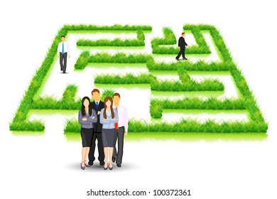 illustration of business people walking in grass maze puzzle