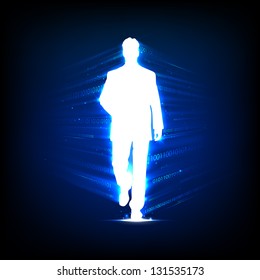 illustration of business people walking on binary technology background