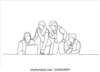 Illustration of business people working together in the office. One line art style
