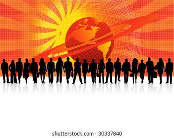 Illustration of business people and world
