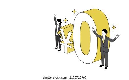 Illustration of Business People with Zero Yen Symbol, Highlighting the Concept of Free or Zero Cost in Japanese Economy and Marketing, Modern Style