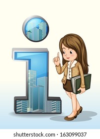 Illustration of a business person beside the number one figure with buildings on a white background