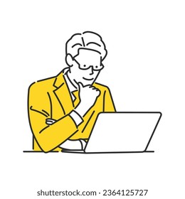 Illustration of a business person folding his arms and looking at a laptop