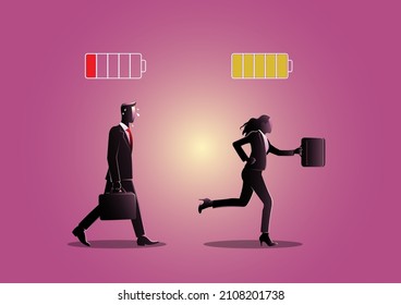 Illustration of business person with full energy and tired. Charge and uncharged battery