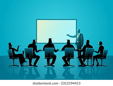 Illustration of a business person giving a presentation in front of a board of directors, vector illustration