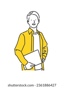 Illustration of a business person holding a laptop with one hand