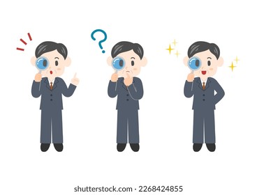 Illustration of a business person looking through a magnifying glass. Middle-aged man's facial expression set. Vector illustration.