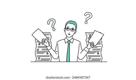 Illustration of a business person at a loss surrounded by piles of documents