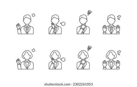 Illustration of a business person with negative emotions. Simple line drawing icon set.