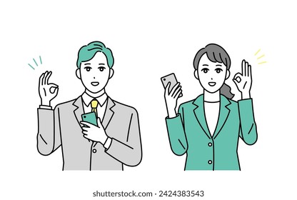 Illustration of a business person smiling and holding a smartphone