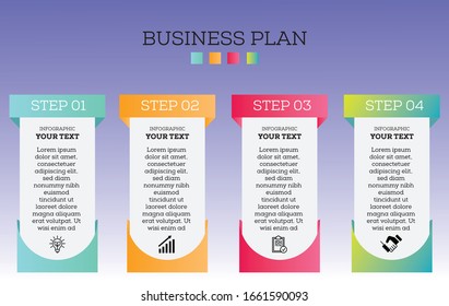 Illustration of business plan, infographic, four steps, icon and colorful background and elements