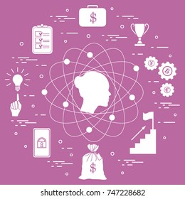 Illustration of business process, planning, strategy, finance and investment, business success. Design for banner and print.