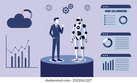 Ilustración de un profesional de negocios que interactúa con un robot humanoide de IA. La escena incluye gráficos, computación en la nube, que simbolizan la colaboración laboral impulsada por la IA y el análisis de datos en los negocios modernos.