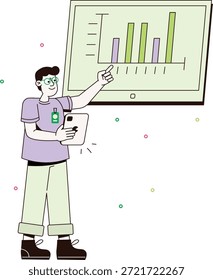 Ilustración de un profesional de negocios que presenta datos y gráficos para informes corporativos o presentaciones de marketing.