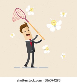 Illustration of business project, ideas. A man in a suit catches ideas with butterfly net. Vector, EPS 10