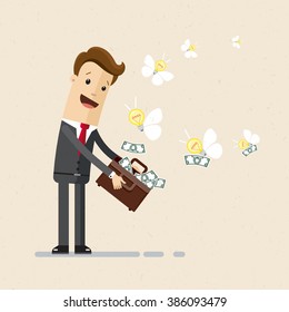 Illustration of business project, ideas. Business ideas  turn into money, profit. Manager or businessman with bag of money. Vector, EPS 10