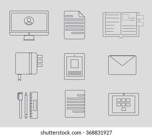 Illustration of business set including mobile phone, notebook, pen, computer and documents. Education logo element