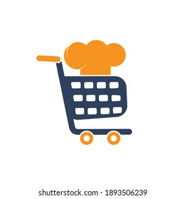Illustration business shopping cart with chef hat sign logo design template.