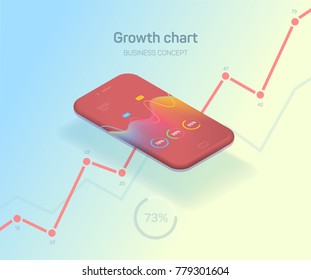 Illustration of business. Smartphone with graphs and charts. Economic statistics in the mobile app. Vector illustration for web and print