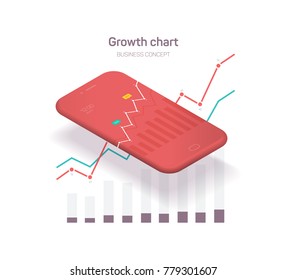 Illustration of business. Smartphone with graphs and charts. Economic statistics in the mobile app. Vector illustration for web and print isolated