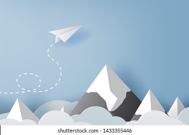 illustration of business success concept,Origami Paper white plane flying on sky between cloud and mountain. Beautiful natural landscape.Creative design idea. leadership.target.aircraft.vector EPS10 