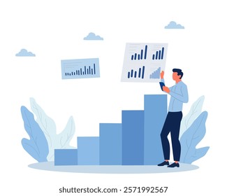 Illustration of a business team analyzing data and creating a strategic plan. Professionals collaborate using charts and graphs to achieve company goals. Concept of teamwork and growth
