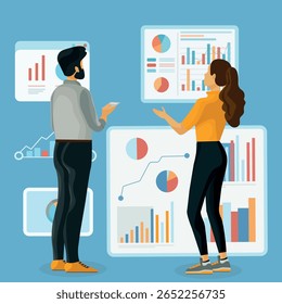 Illustration eines Geschäftsteams, das Daten in Diagrammen und Grafiken analysiert. Teamwork-Konzept in einem Büro mit Laptops, Analytics Dashboard und Collaboration-Funktionen. Flaches Design, moderner Stil.
