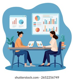 Illustration of a business team analyzing data on charts and graphs. Teamwork concept in an office with laptops, analytics dashboard and collaboration capabilities. Flat design, modern style.