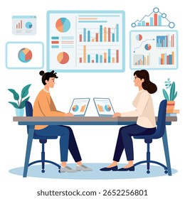 Illustration of a business team analyzing data on charts and graphs. Teamwork concept in an office with laptops, analytics dashboard and collaboration capabilities. Flat design, modern style.
