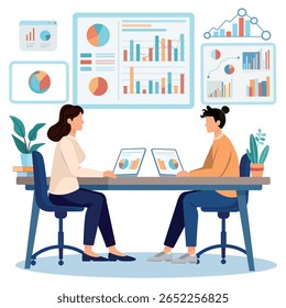Illustration of a business team analyzing data on charts and graphs. Teamwork concept in an office with laptops, analytics dashboard and collaboration capabilities. Flat design, modern style.