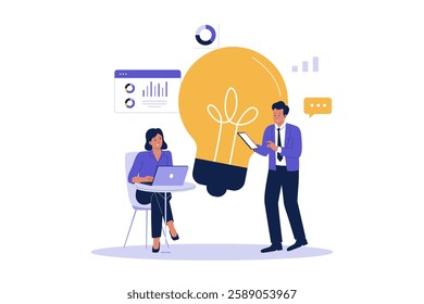 Illustration of business team brainstorm concept. Business people plan business innovation ideas. Illustration for websites, landing pages, mobile apps, posters and banners.