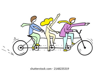 Illustration of business team rides a bicycle - concept teamwork in a hand drawn comic style
