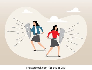 An illustration of business team using shields for selfdefense arrows attack. Business risk investment and teamwork concept