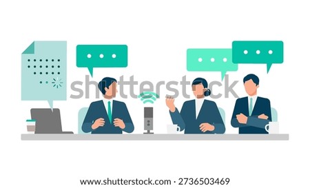 Illustration of a business team using speech recognition microphones to automatically transcribe meetings, showing collaboration, documentation automation, and meeting digital transformation