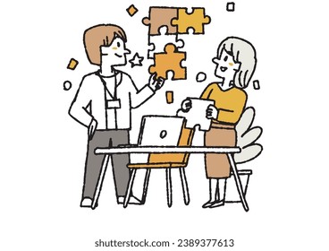 Illustration of a business team working through conversation Comical hand-drawn figures Vector, line drawings in color.