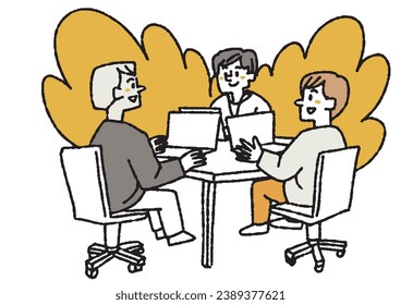 Illustration of a business team working through conversation Comical hand-drawn figures Vector, line drawings in color.